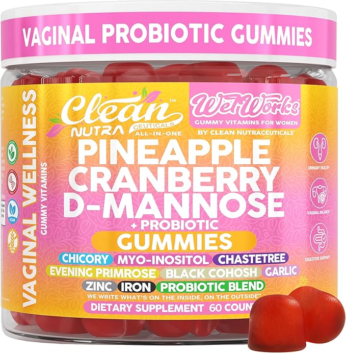 Wet Works Women's Vaginal Probiotic Gummies Pineapple Cranberry Folic Acid D-Mannose Vitamin C Chicory Myo Inositol Garlic Black Cohosh Zinc Iron Evening Primrose Chastetree 60 Count by Clean Nutra