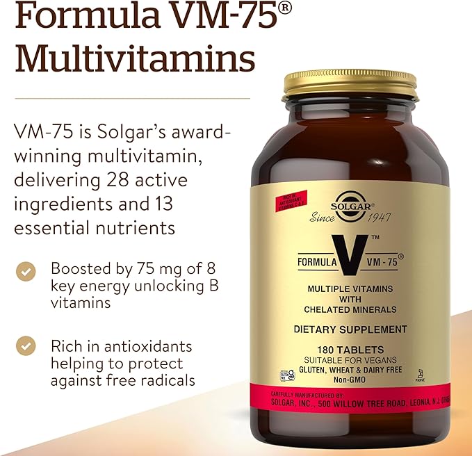Solgar Formula VM-75, 180 Tablets - Multivitamin with Chelated Minerals - Vitamin A, B6, B12, C, D, E - Biotin, Magnesium, Calcium, Iron, Zinc - Vegan, Gluten Free, Dairy Free, Kosher - 180 Servings