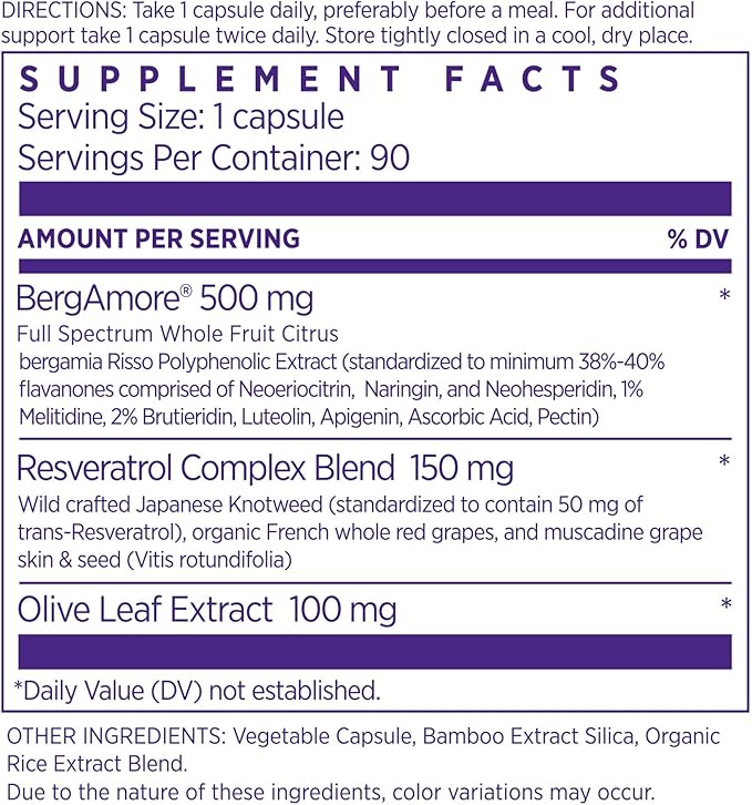 NAOMI Italian Citrus Bergamot 500mg + Resveratrol, Award-Winning Cardiologist Dvlpd, Supports Normal Cholesterol & Healthy Cellular Function, 7 Key Polyphenols, Resveratrol & Olive Leaf, 90-Day Supply
