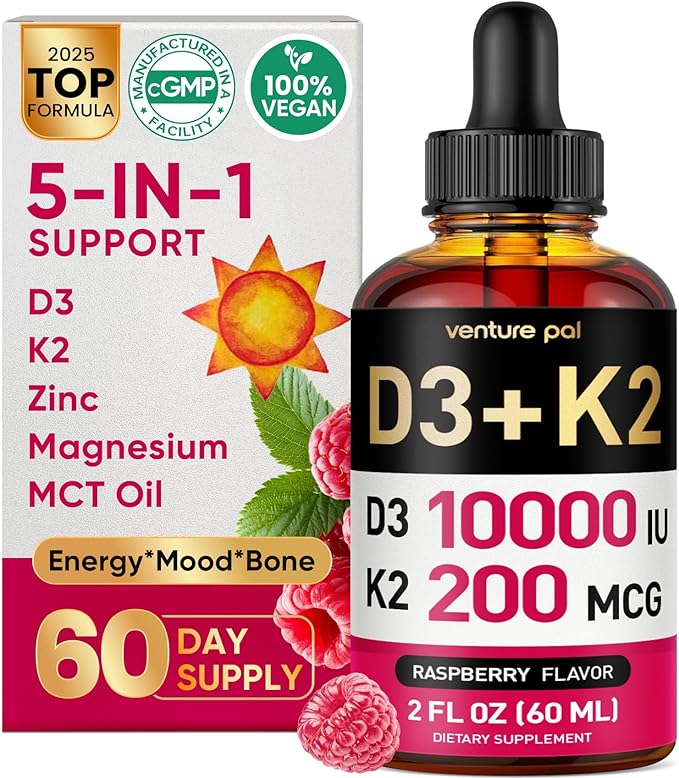 Venture Pal 5-in-1 Vitamin D3 10000 IU & K2 as MK-7 200mcg with Magnesium, MCT Oil, Zinc, Sugar-Free Vitamin D Liquid |Maximum Absorption for Bone, Mood & Immune Health - 2 FL OZ, 69 Days