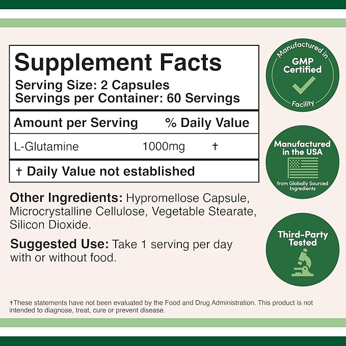 L Glutamine Capsules - (1000mg Servings, 120 Capsules) Non-GMO, Gluten Free, Keto Safe, Vegan Friendly, Third Party Tested (for Endurance and Gut Health) by Double Wood