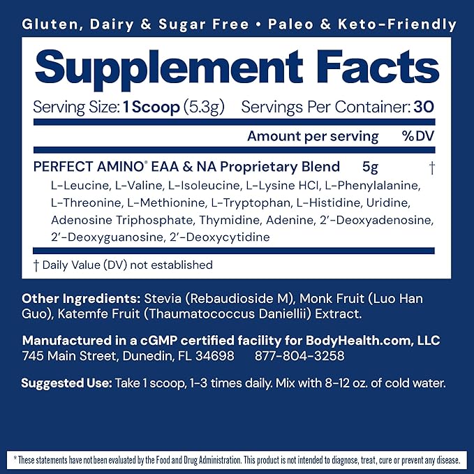 BodyHealth PerfectAmino - BCAA and EAA Powder for Pre and Post Workout - Amino Acid Energy Drink for Men and Women to Support Lean Muscle and Recovery - Unflavored (Lightly Sweetened) - 30 Servings