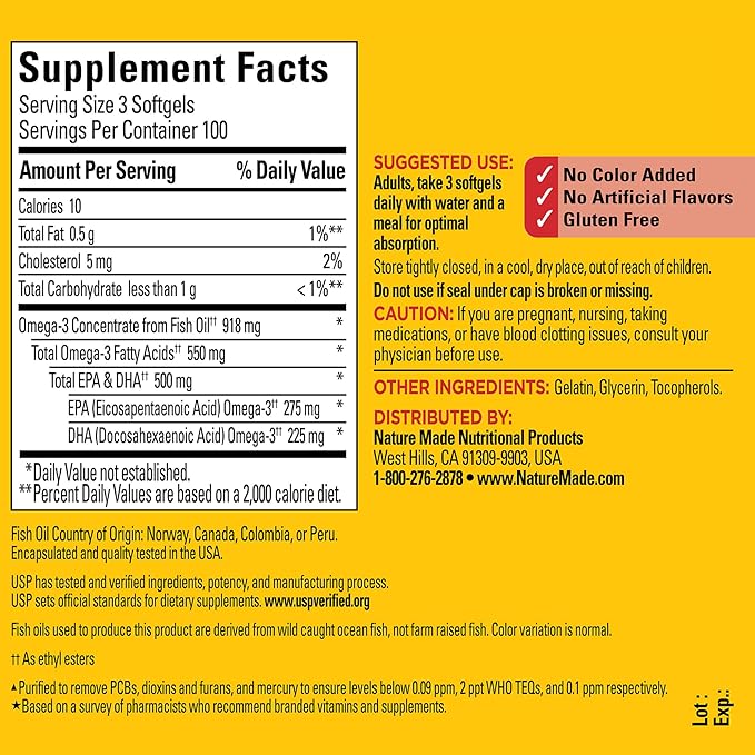 Nature Made Omega 3 Fish Oil Supplements,550mg Per Serving,Fish Oil Omega 3 Supplements as Ethyl Esters for Healthy Heart Support,300 Softgels,100 Day Supply,(Pack of 2)