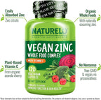 NATURELO Vegan Zinc Immune Support Capsules - Whole Food Complex with Vitamin C for Healthy Skin, Hair, and Nails - 120 Capsules (Pack of 2)