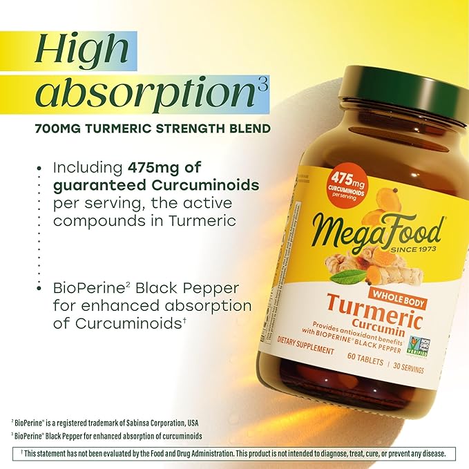 MegaFood Whole Body Turmeric Curcumin Supplement - Turmeric Supplement With Black Pepper & Vitamin C - 475 mg Curcuminoids Per Serving - Antioxidant & Immune Support - Vegan - 120 Tablets, 60 Servings