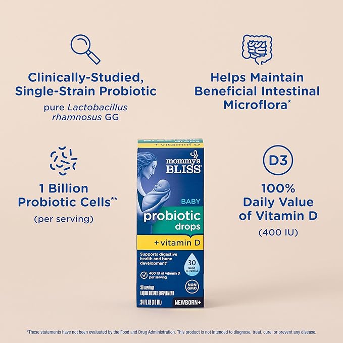 Mommy's Bliss Baby Probiotics + Vitamin D Drops,Supports Digestive Health & Immune Function*,400IU Vitamin D,Supports Bone Development*,Newborns+,Flavorless,0.34 Fl Oz (30 Servings),(Pack of 2)