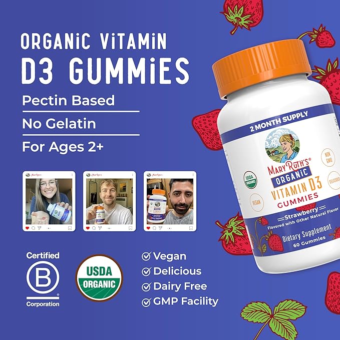 MARYRUTH'S Organic Vitamin D3 Gummies | 1000 IU | USDA Organic | Immune Support| Bone Health | Muscle Function | for Adults & Kids Ages 2+ | Vegan | Gluten Free | 2 Month Supply | 60 Count