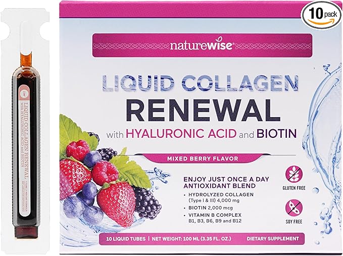 NatureWise Hydrolyzed Liquid Collagen for Women & Men 4000mg - High Absorption, Type 1 & 3 Peptides with Biotin + Vitamin C + Vitamin B Complex & Hyaluronic Acid -Mixed Berry - 10 Tubes[10 Day Supply]