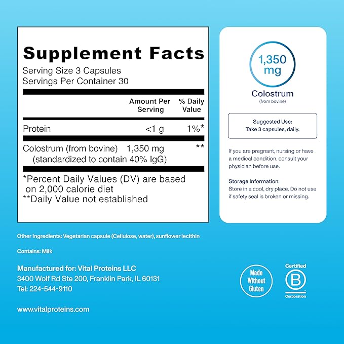Vital Proteins Bovine Colostrum Supplement 90 Capsules for Gut Health, Immune Support with 40% IgG Premium Bovine Colostrum Superfood, Unflavored, 30 Servings