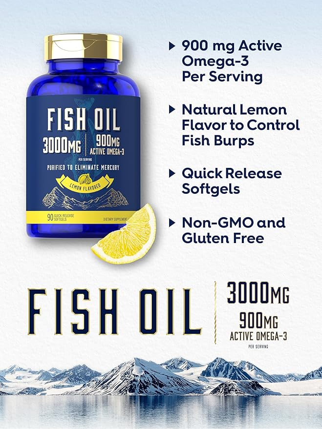 Carlyle Fish Oil 3000mg | 900mg Omega 3 | 90 Softgels | Lemon Flavor | Non-GMO and Gluten Free Supplement