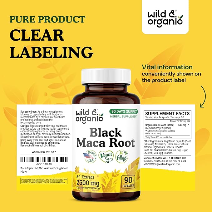 Wild & Organic Black Maca Root Capsules for Men & Women 500 mg - Maca Root Extract for Overall Support - 90 Vegan Capsules - Women & Men Supplement - 90 Days Supply - Non-GMO, No Fillers, Gluten-Free