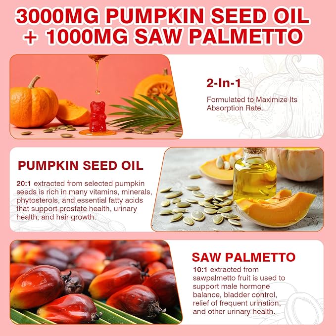 Pumpkin Seed Oil Gummies 3000MG, Organic Pumpkin Seed Oil with Saw Palmetto Supports Hair, Skin & Prostate Health High-Purity Extract for Women & Men, Raspberry Flavor, 60 Count