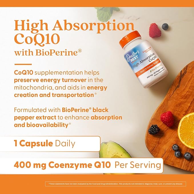 Doctor's BEST High Absorption CoQ10, Heart & Energy Support, USP Verified, Naturally Fermented CoQ10, Non-GMO, Gluten Free, Soy Free, Vegan 60 Veggie Caps