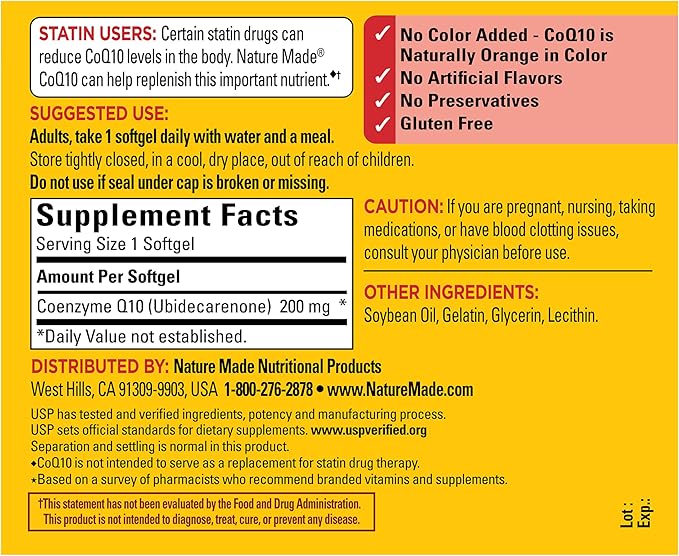 Nature Made CoQ10 200mg Softgels, Dietary Supplement for Heart Health Support, 80 Softgels, 80 Day Supply