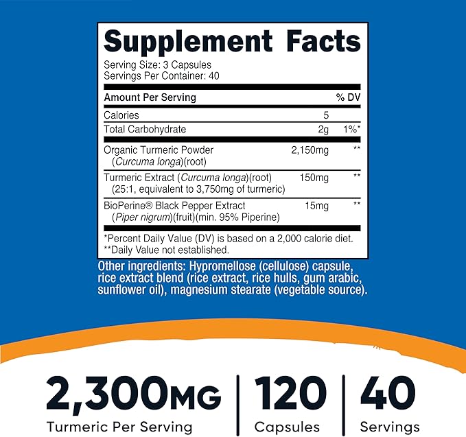Nutricost Turmeric Curcumin with BioPerine and 95% Curcuminoids, 2300mg, 120 Capsules, Veggie Capsules, 767mg Per Cap, 40 Servings, Gluten Free, Non-GMO