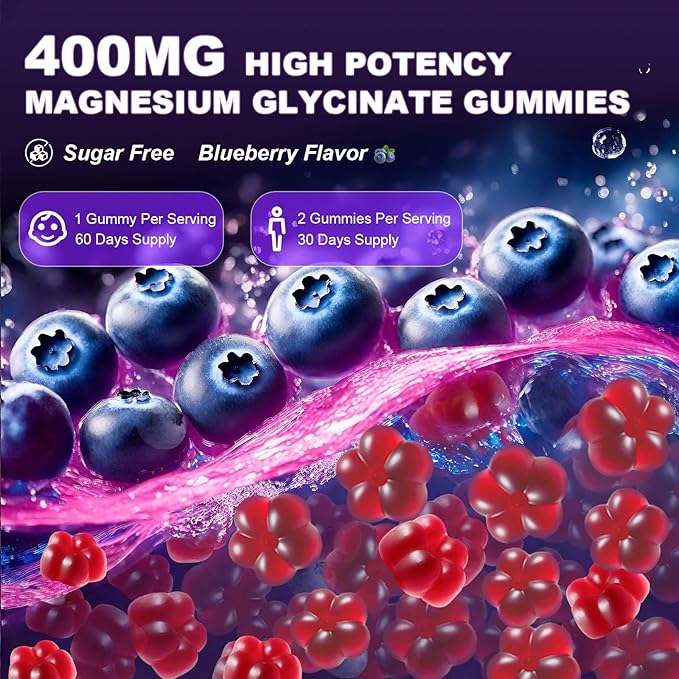 Liposomal Magnesium Glycinate 400mg Gummies for Kids & Adults, Chewable Magnesium Bisglycinate Supplement with Theanine, B6, Vitamins & Zinc, for Zzz & Relaxation, Muscle & Brain, Sugar Free, 60 Ct