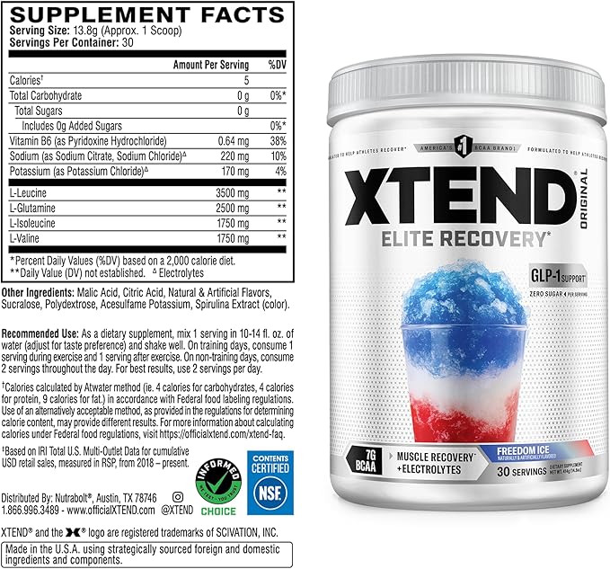 Xtend Original BCAA Powder, 7g BCAAs and 2.5g L-Glutamine for Muscle Recovery Hydration and Lean Muscle, Sugar Free Intra and Post Workout Drink with Electrolytes, Freedom Ice, 30 Servings