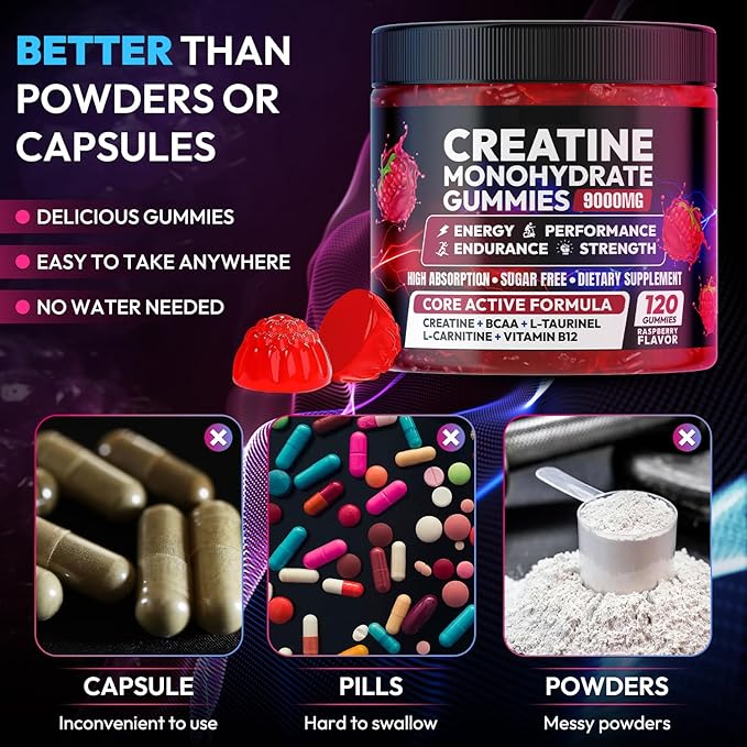 Creatine Gummies Monohydrate Complex 9000MG, Pre-Workout for Men & Women, Creatine Gummy with L-Taurine, BCAA 2:1, B12/6 for Muscle Support, Enhance Strength, Energy Boost-120 Count