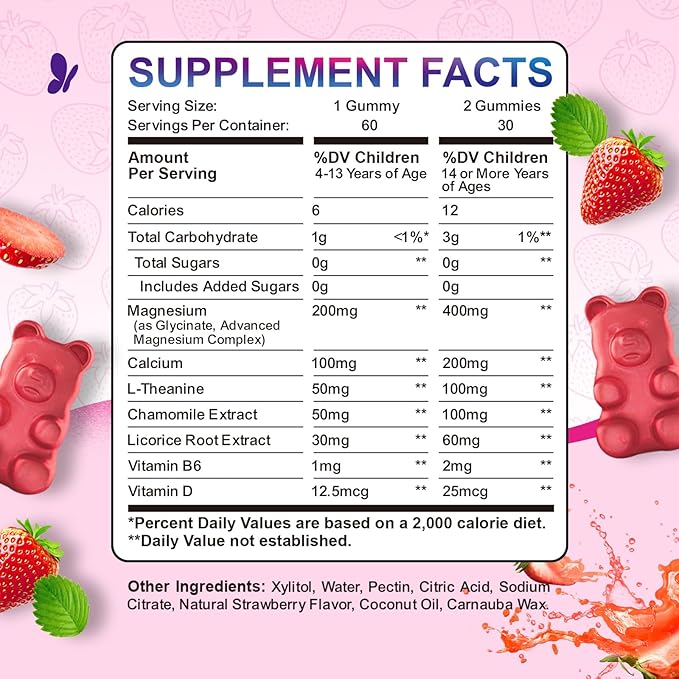 Magnesium Gummies for Kids - Magnesium Glycinate Gummies with L-Theanine, Chamomile, Vitamin B6, D for Kids & Adults Sleep, Stress, Muscle Relief & Nerve Bone - Sugar Free Strawberry 60ct