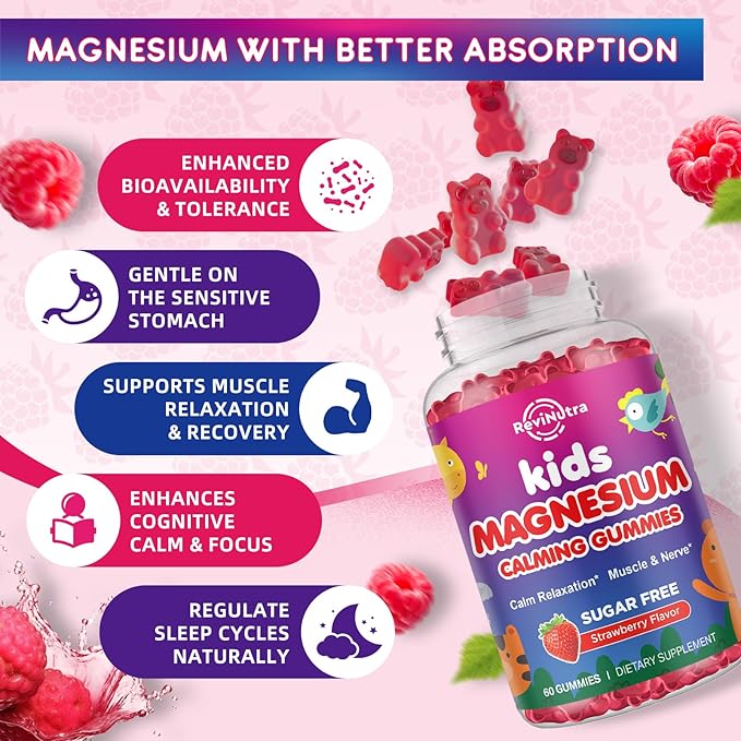 2 Pack Kids Magnesium Gummies, Magnesium Glycinate Gummies for Kids & Adults with L-Theanine, Chamomile, Vitamin D, B6 for Sleep, Relaxation, Brain & Muscle, Sugar Free Raspberry