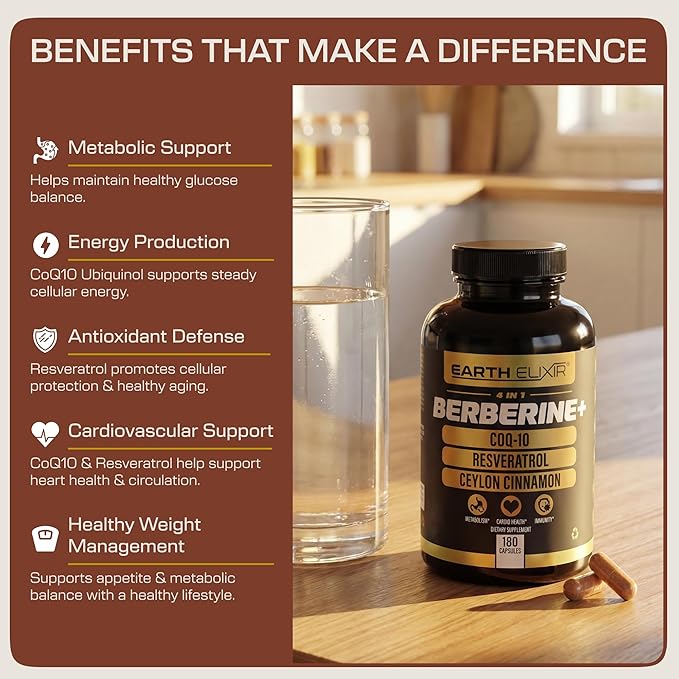 Earth Elixir 4-in-1 Berberine Supplement – Organic Berberine with Ceylon Cinnamon, CoQ10 Ubiquinol, and Resveratrol Powder – Metabolic & Cellular Energy Support, 180 Vegan Capsules