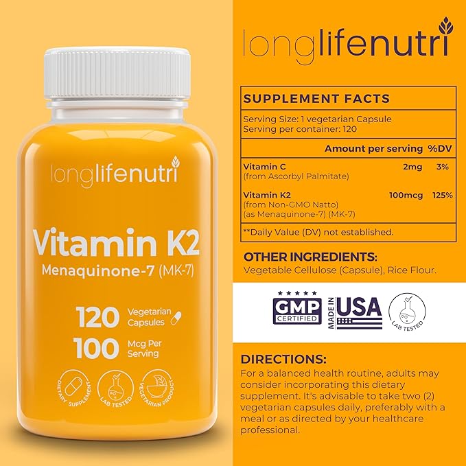 LongLifeNutri Vitamin K2 MK-7 100 mcg & Policosanol 100 mg Bundle – 120 Veg Capsules + 200 Veg Capsules, Up to 4-Month Supply, Bone & Heart Wellness Support, Lab Tested, Non-GMO, Made in USA