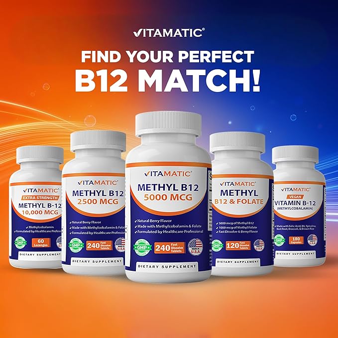 Vitamatic Vitamin B12 5000 mcg – 365 Fast Dissolve Tablets Berry Flavor – Supports Energy Production & Nervous System Health – Non-GMO, Gluten-Free