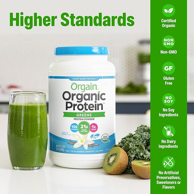 Orgain Organic Vegan Protein Powder + Greens, Vanilla Bean - 21g Plant Based Protein, Gluten Free, Dairy Free, Lactose Free, Soy Free, No Sugar Added, With Iron & Prebiotics for Gut Health - 1.94lb
