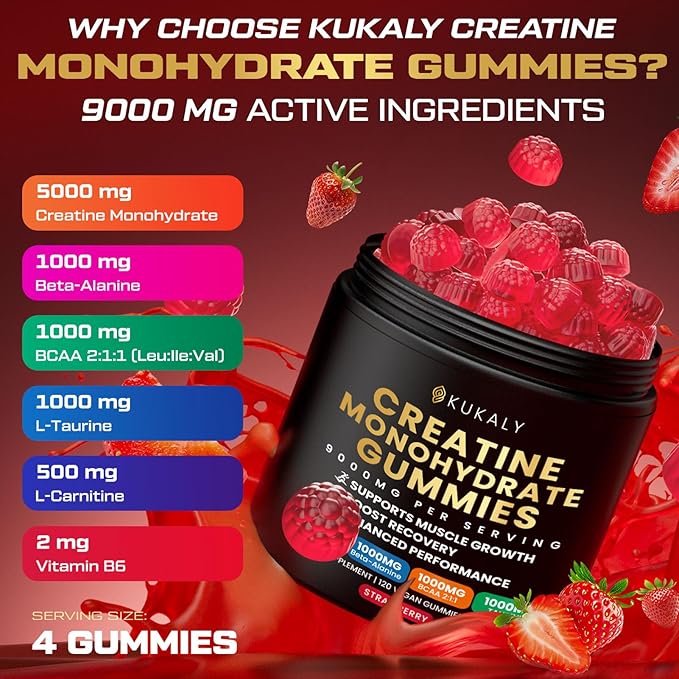 KUKALY Creatine Monohydrate Gummies for Men & Women, 9000MG Creatine Gummies Sugar Free with L-Taurine, BCAA 2:1, B12 B6 for Boost Strength, Focus & Endurance, Vegan, Non-GMO, Strawberry 120*2 Bottle