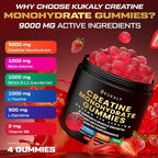 KUKALY Creatine Monohydrate Gummies for Men & Women, 9000MG Creatine Gummies Sugar Free with L-Taurine, BCAA 2:1, B12 B6 for Boost Strength, Focus & Endurance, Vegan, Non-GMO, Strawberry 120*2 Bottle