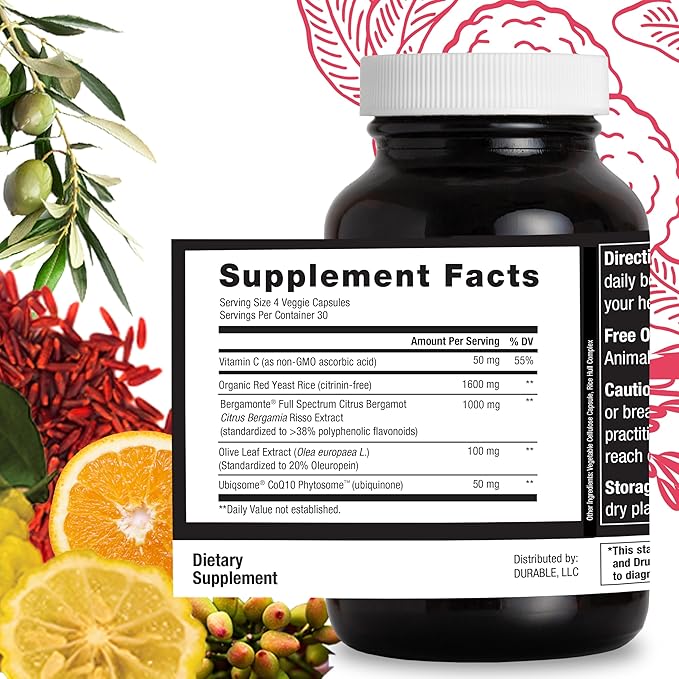 Durable Cholesterol Complete – Organic Red Yeast Rice 1,600 mg + Bergamonte® Citrus Bergamot 1,000 mg + Ubiqsome® CoQ10 + Olive Leaf + Vitamin C – Doctor Formulated, Made in USA (360 Capsules)
