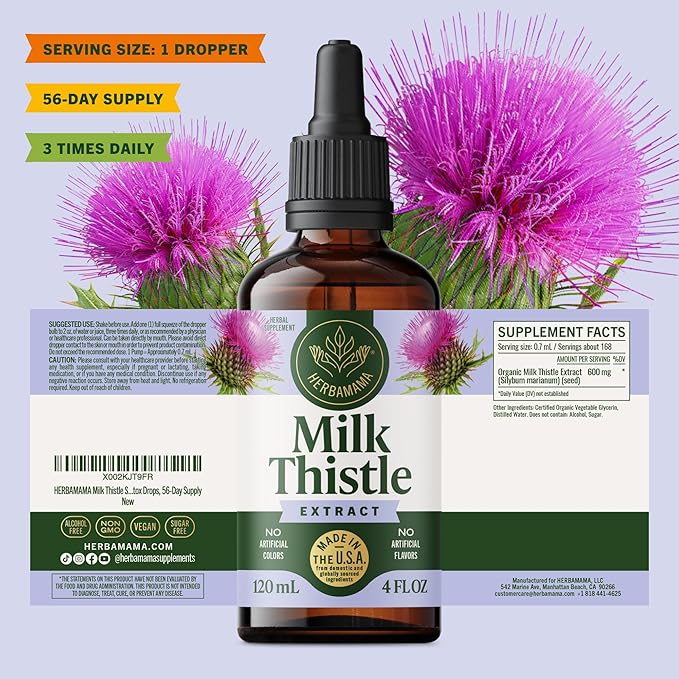 HERBAMAMA Milk Thistle Supplement - Vegan Liver Support with Milk Thistle Extract Tincture - Non-GMO, Alcohol & Sugar-Free Liquid Silymarin Liver Detox Drops, 56-Day Supply