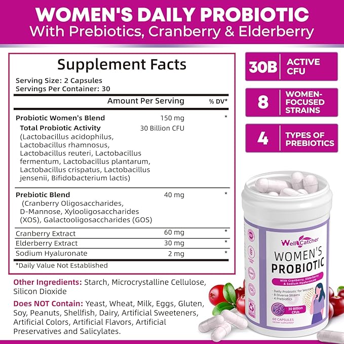 Vaginal Probiotics for Women: Daily Cranberry Probiotics with Prebiotics Support Digestive Urinary Tract Health pH Balance with 30 Billion CFU 8 Diverse Strains Vegan 60 Counts