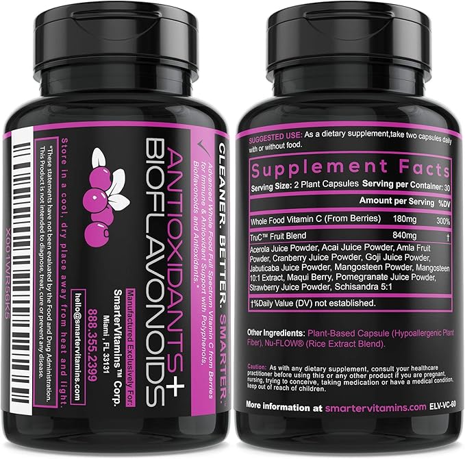 SmarterVitamins (5 Pack) Raw Whole Food Vitamin C from Berries, Premium Antioxidants, Bioflavonoids & Polyphenols, 300 Vegan Capsules