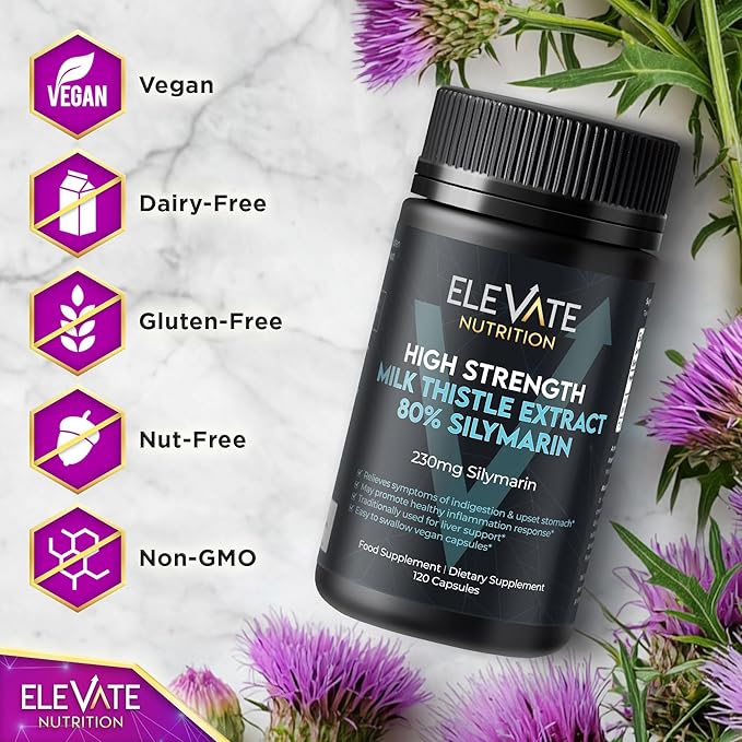 ELEVATE NUTRITION Milk Thistle - 288 mg, 80% Silymarin Extract - 120 Vegan Capsules - Dietary Health Supplement - Helps Maintain Liver Function & Digestive Comfort