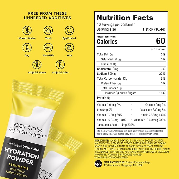 Earth's Splendor Electrolytes Powder Packets Lemon Lime Hydration Drink Mix Sticks with Essential Vitamins for Energy & Sports Performance | Travel-Friendly Single-Serve Packets for Daily Use 10 Pack