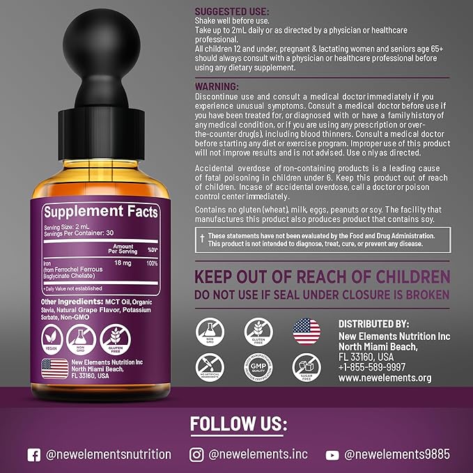 Iron Supplement for Women & Men Free Blood Builder, Iron Vitamin for Anemia | Liquid Iron Drops for Adults with MCT Oil, Natural Grape Flavor, Faster Absorption & Immune Support (2 Fl Oz)