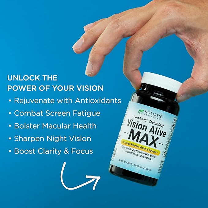 Holistic Health Labs Vision Alive Max with 8 Natural Ingredients Lutemax® 2020, Bilberries, Blueberries, c3g from Black Currant, Maqui Berry, Saffron, and Astaxanthin (30 Count (Pack of 1))