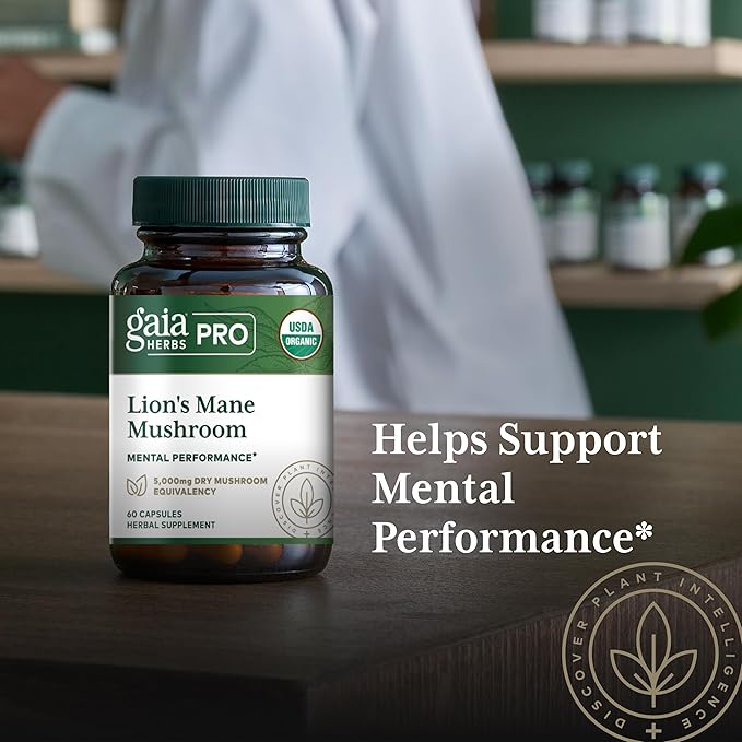 GAIA HERBS PRO Lion's Mane Mushroom - Supports Brain & Neurological Health* - Organic Mushrooms - 2,500mg Per Serving - Gluten-Free - 60 Capsules (30 Servings)