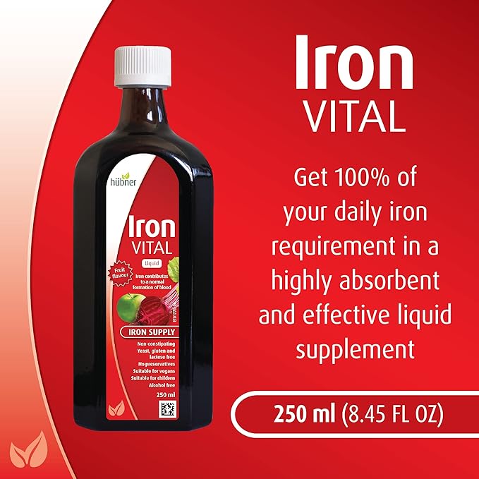 hübner Iron Vital Liquid Iron Supply Plus Vitamin C, Dietary Supplement for Adults and Kids, Vegan and Gluten-Free, Fruit Flavor, 250 ml Bottle, 25 Servings