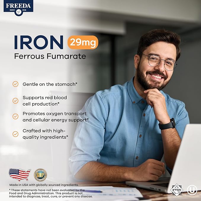 FREEDA 29 mg Gentle Iron Supplement for Women & Men from Ferrous Fumarate – Stomach Friendly Low Iron Pills for Energy & Red Blood Cell Booster Support, Easy-to-Swallow Tablets, Kosher, GF (250 Count)