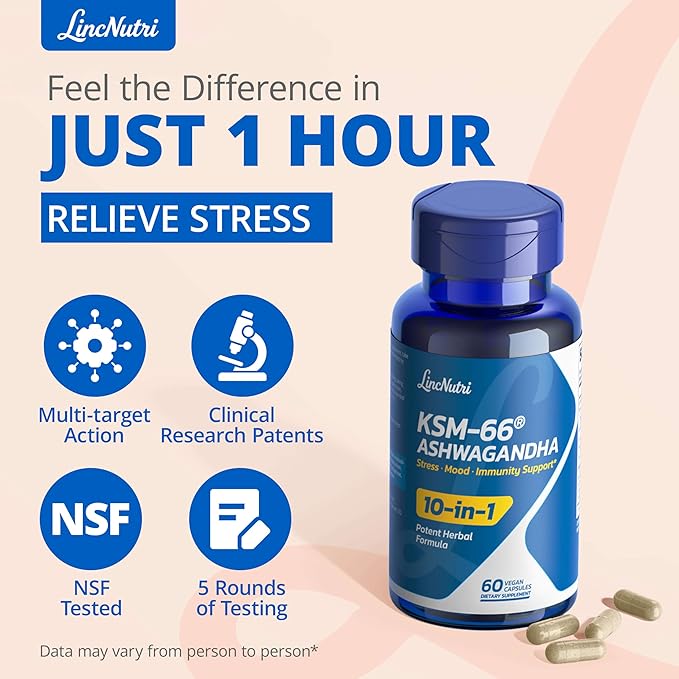 KSM-66 Ashwagandha Supplements | Ashwagandha Root Extract for Women & Men | 10-in-1 Adaptogen Complex for Cortisol Manager, Stress, Energy & Immune Support | 60 Vegan Capsules