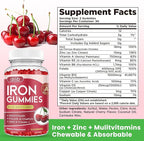 Iron Gummies with Multivitamin, Iron Supplement for Women & Men, Kids Multivitamin with Iron, Zinc, Vitamin B Complex & C, B12, Folate - Blood Builder, Energy Support, Cherry Flavor, Vegan 120 Gummies