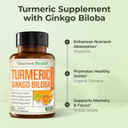 Ginkgo Biloba and Turmeric Curcumin Supplement with Black Pepper & Organic Tumeric – Natural Turmeric Supplement for Focus, Memory, Joint & Brain Health – 120 Vegan Ginko Biloba Capsules with Curcuma