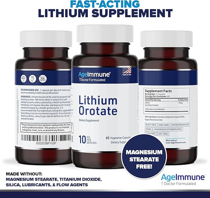 Lithium Orotate 10mg per Capsule - 60 Vegetarian Capsules. Memory and Emotional Wellness Support - Magnesium Stearate Free - 2 Months Supply of Lithium Supplement. (2)
