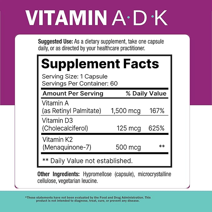 ADK Vitamin Supplement – Vitamins A, D3 & K2 MK-7 for Bone Health & Calcium Absorption – Gluten-Free, Non-GMO, Soy-Free – 120 Capsules, 2-Pack (4-Month Supply)