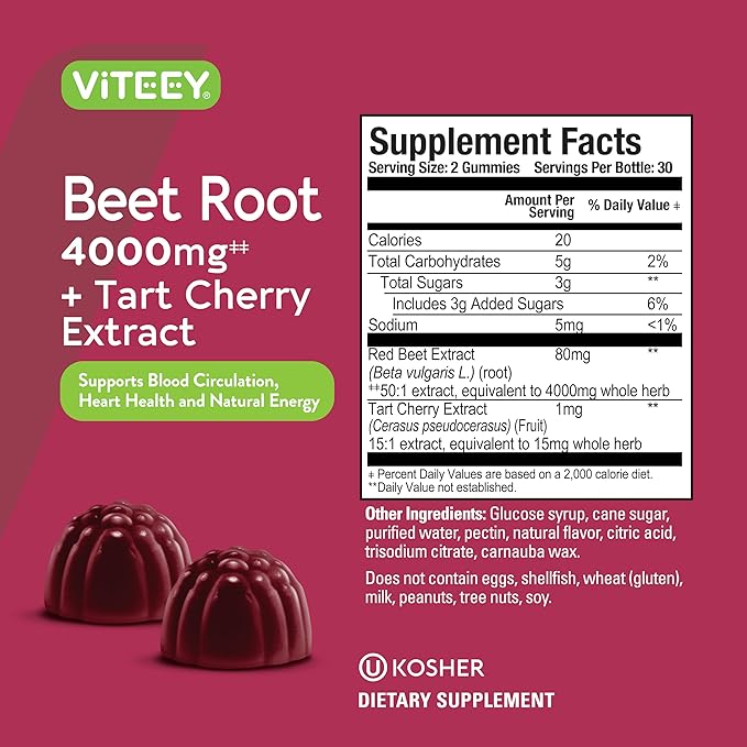 Viteey Beet Root Gummies 4000mg [from 80mg of 50:1 Extract] with Tart Cherry - for Healthy Blood Pressure Support - Vegan, Gelatin Free, Gluten Free-Tasty Chewable Berry Beet Flavored Gummy-120 Count