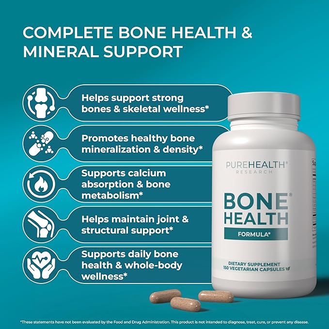PUREHEALTH RESEARCH Bone Health Formula - for Bones, Joint & Skeletal Wellness - with Calcium, Magnesium, Zinc, Copper, Manganese, Potassium, Vitamin K2, D3, C & More for Women & Men - 150 Capsules