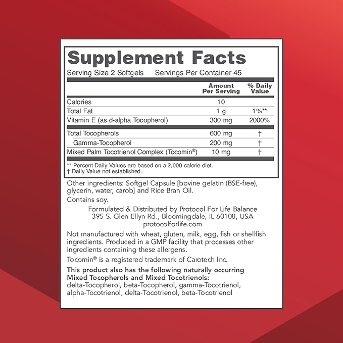 PROTOCOL FOR LIFE BALANCE Gamma E Toco Complex - Vitamin E 300mg - Antioxidant Support - for Cardiovascular Health & Brain Health - with Tocotrienols - Halal & Dairy Free - 90 Softgels