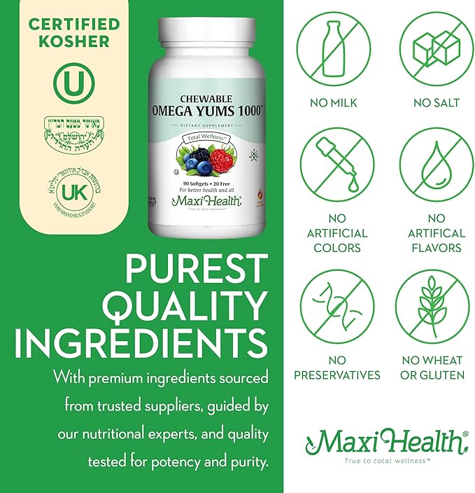 Maxi Health Omega Yums 1000 - Kid Friendly - Fruity Burst Flavor - 110 Softgel Capsules - Kosher